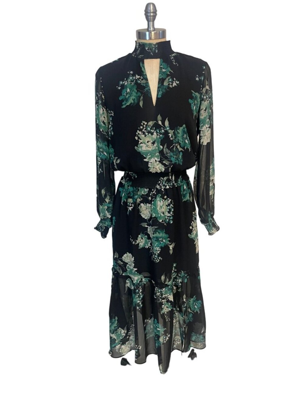 White House Black Market Smocked Midi Dress Amber Floral Green Size 4